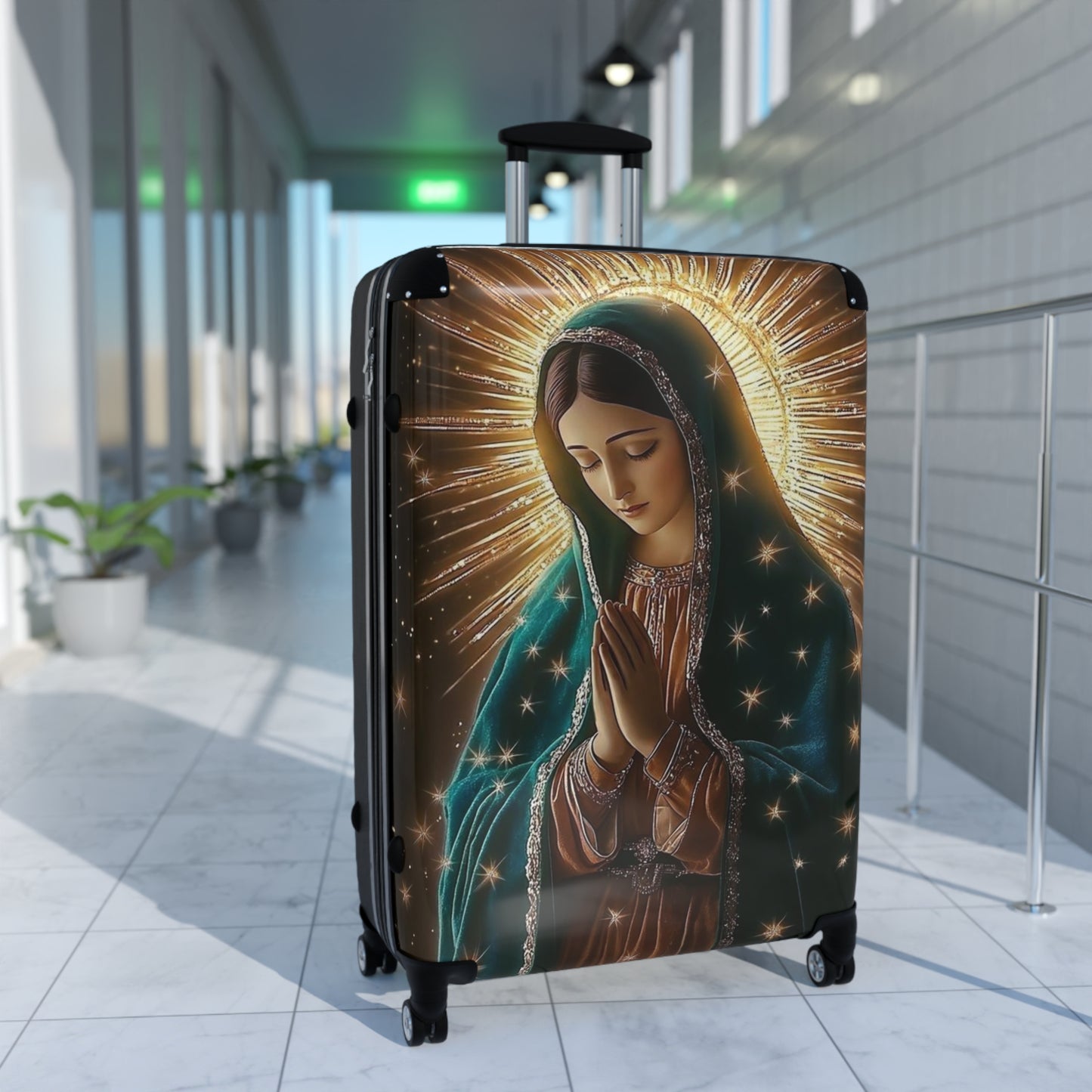 Spiritual Journey Suitcase, Travel Luggage with Virgin Mary Design, Unique Baggage for Pilgrimage, Gift for Travelers