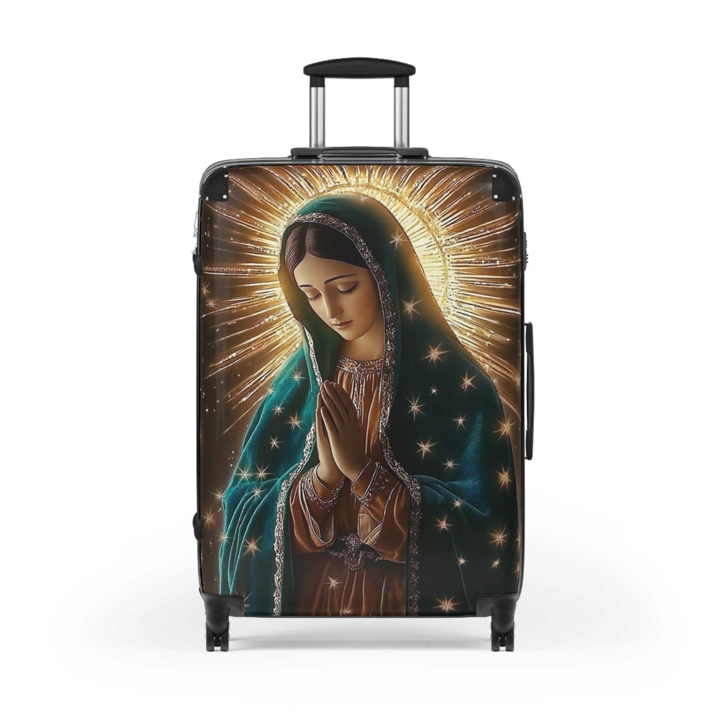 Spiritual Journey Suitcase, Travel Luggage with Virgin Mary Design, Unique Baggage for Pilgrimage, Gift for Travelers
