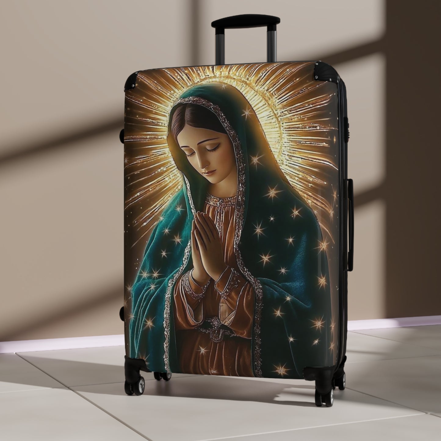 Spiritual Journey Suitcase, Travel Luggage with Virgin Mary Design, Unique Baggage for Pilgrimage, Gift for Travelers