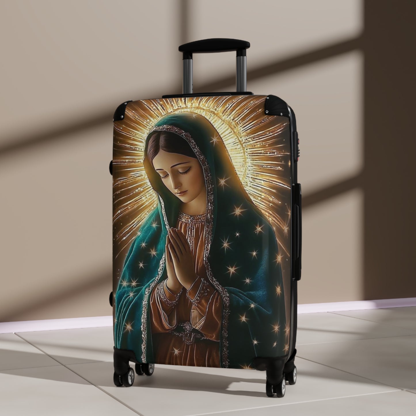 Spiritual Journey Suitcase, Travel Luggage with Virgin Mary Design, Unique Baggage for Pilgrimage, Gift for Travelers
