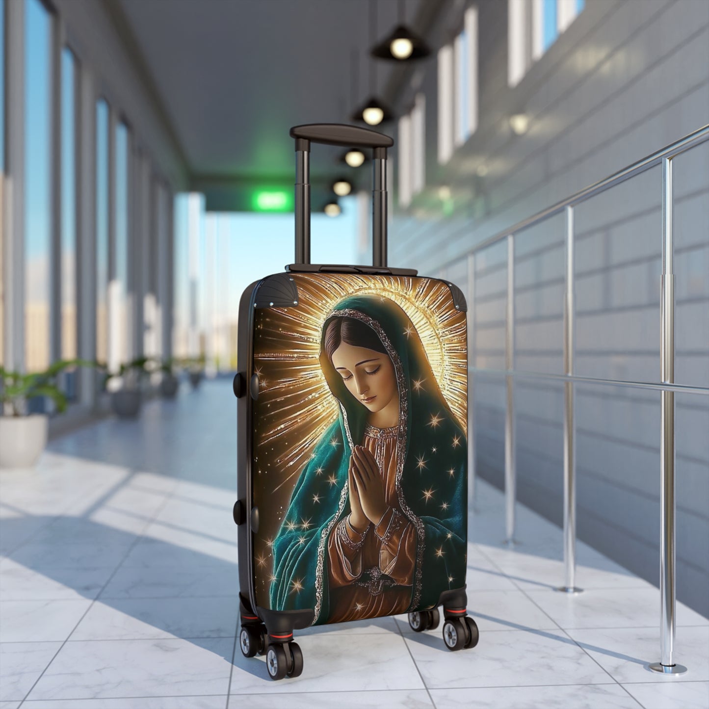 Spiritual Journey Suitcase, Travel Luggage with Virgin Mary Design, Unique Baggage for Pilgrimage, Gift for Travelers