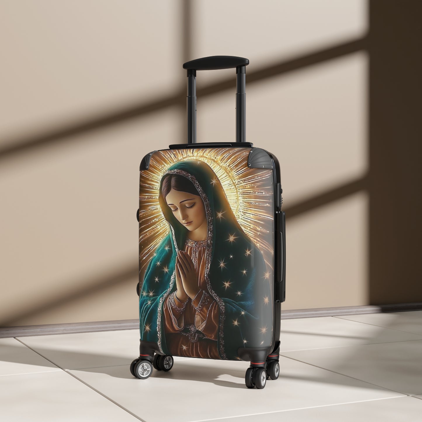 Spiritual Journey Suitcase, Travel Luggage with Virgin Mary Design, Unique Baggage for Pilgrimage, Gift for Travelers