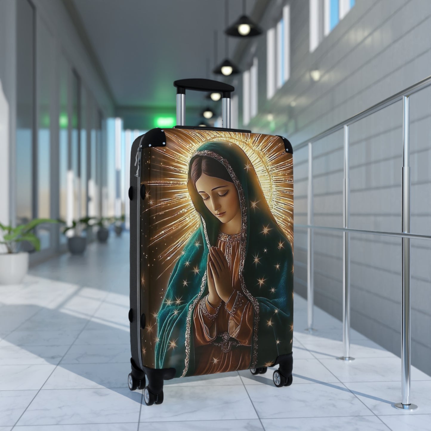 Spiritual Journey Suitcase, Travel Luggage with Virgin Mary Design, Unique Baggage for Pilgrimage, Gift for Travelers